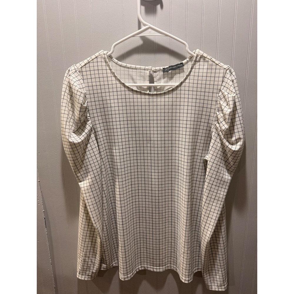 Adrianna Papell Ivory Black Windowpane Grid Puff Sleeve Keyhole Blouse Top
